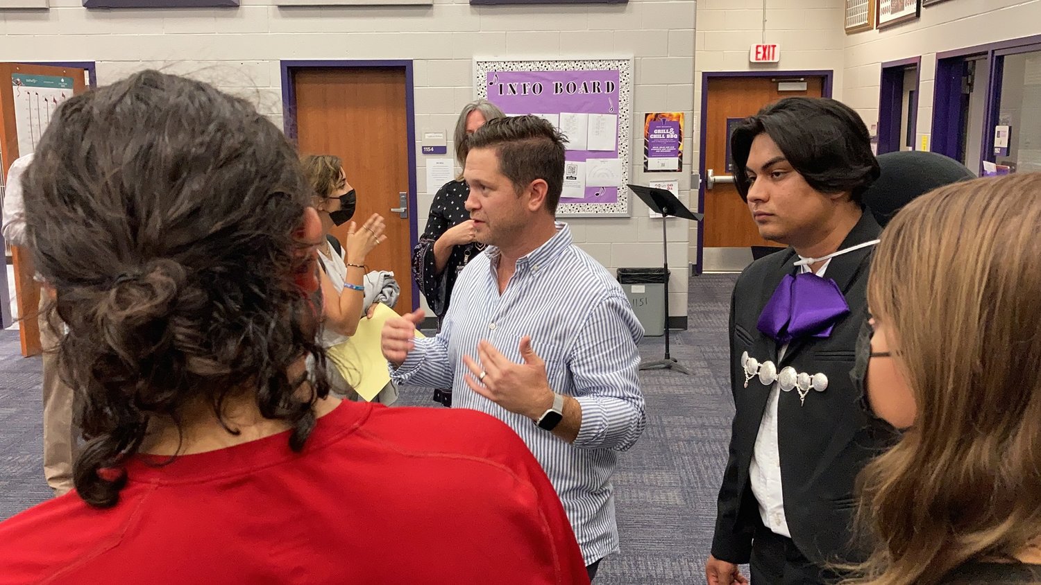 Morton Ranch High School Director of Orchestras Gabriel Katz speaks with students and staff at the campus about the Maverick’s new mariachi group. Katz said having the group was a long-time goal for him as a music instructor.
